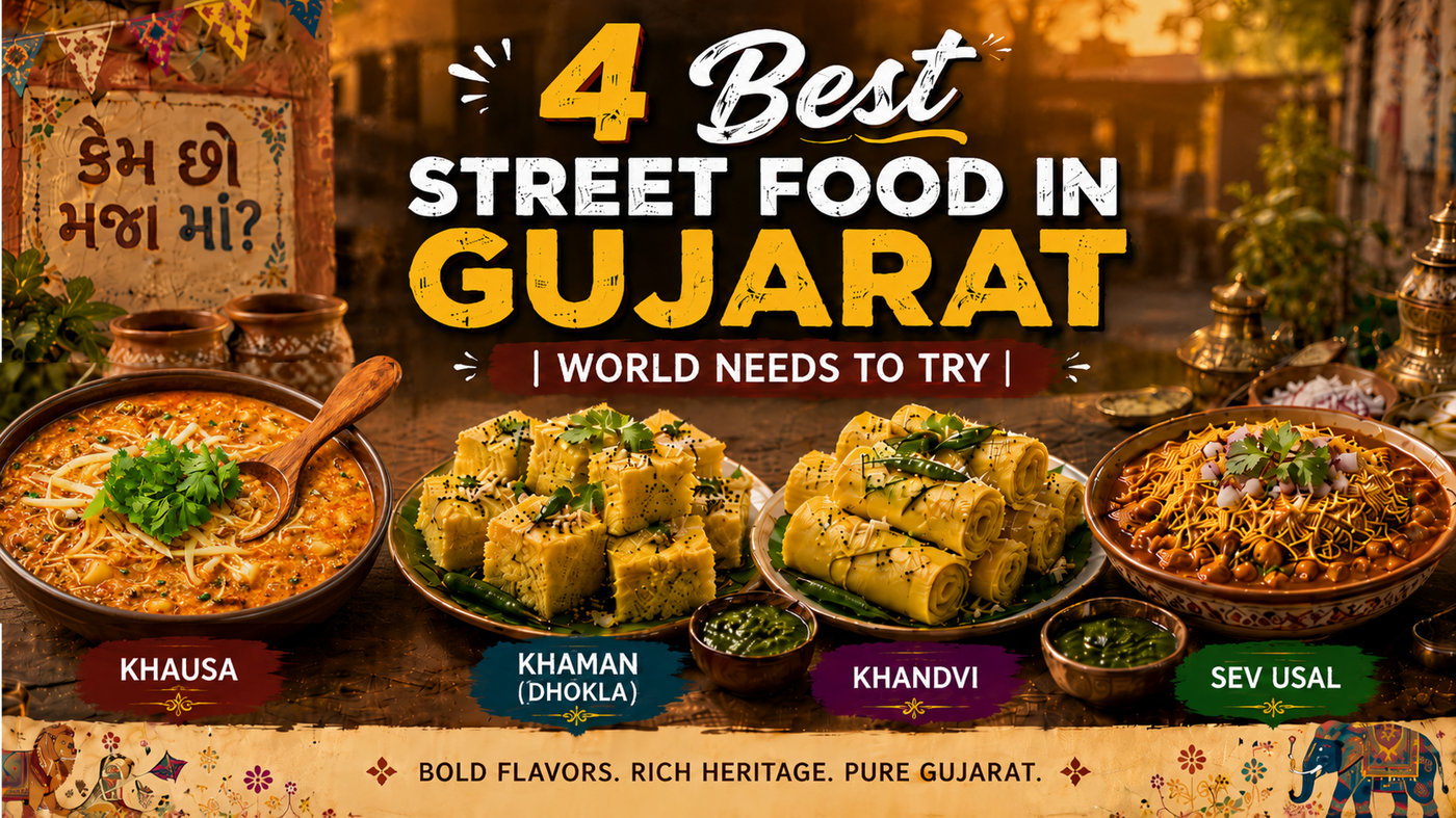 Street Foods in Gujarat featuring Surti Khausa, Khaman (Dhokla), Khandvi, and Sev Usal served fresh at local stalls.