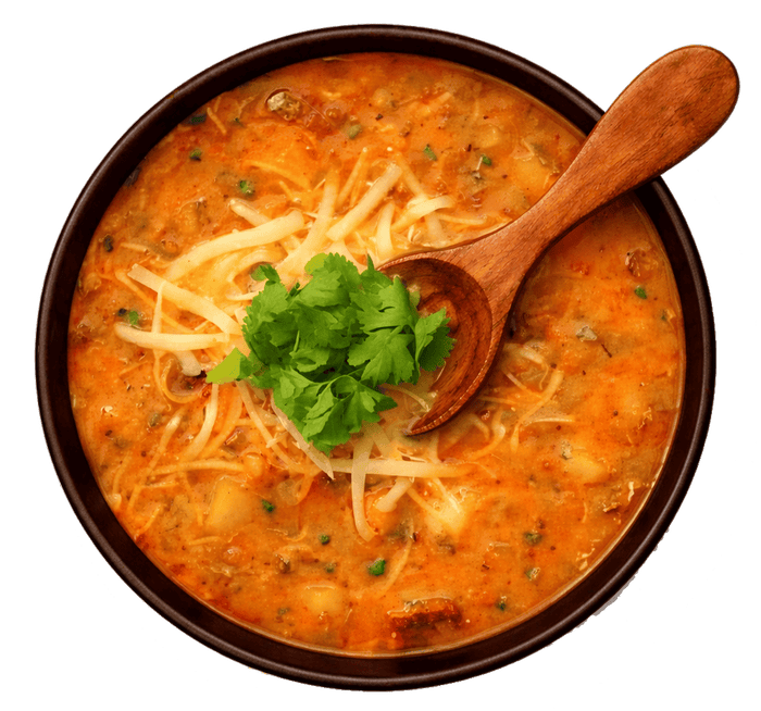  bowl of soup with a wooden spoon on a white background